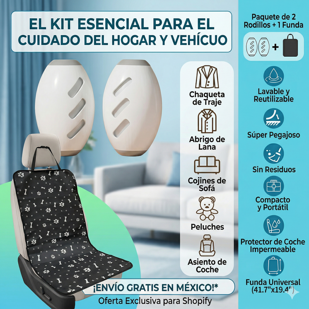 Kit "Auto Impecable": Cubreasientos + 2 Rodillos Quita Pelos Lavables