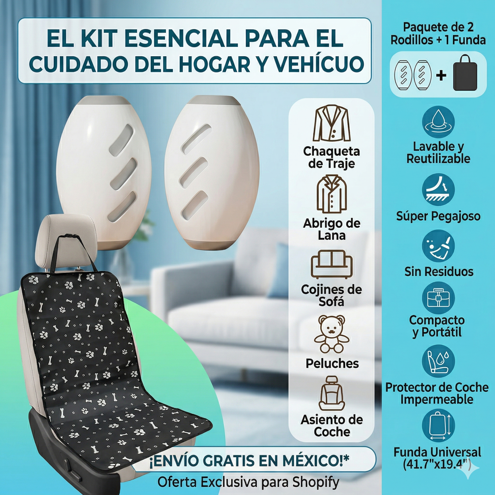 Kit "Auto Impecable": Cubreasientos + 2 Rodillos Quita Pelos Lavables